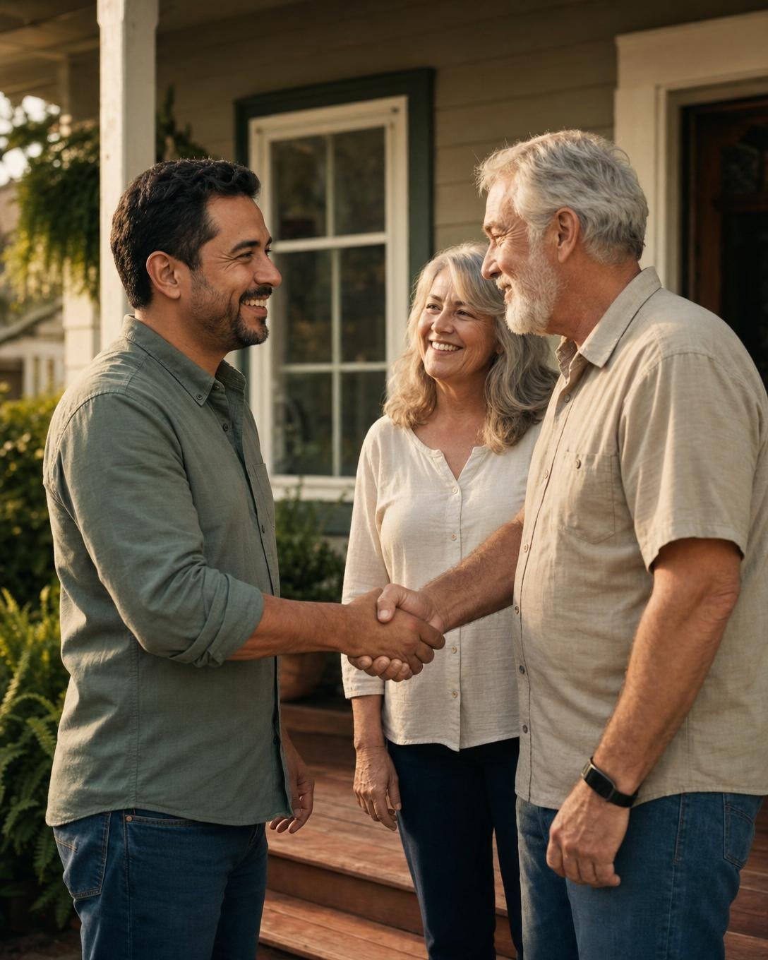 A home buyer shaking hands with a smiling older couple on the front porch of their home